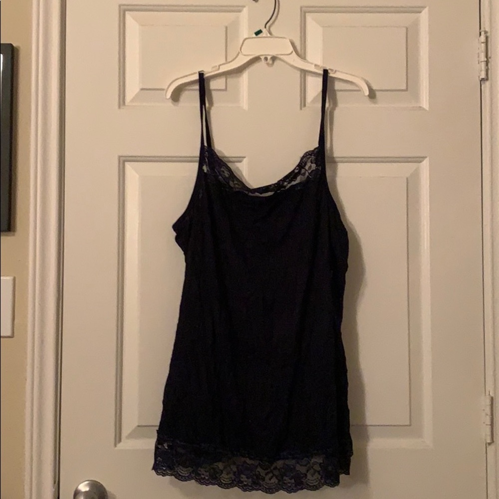Lace-trimmed navy blue cami.